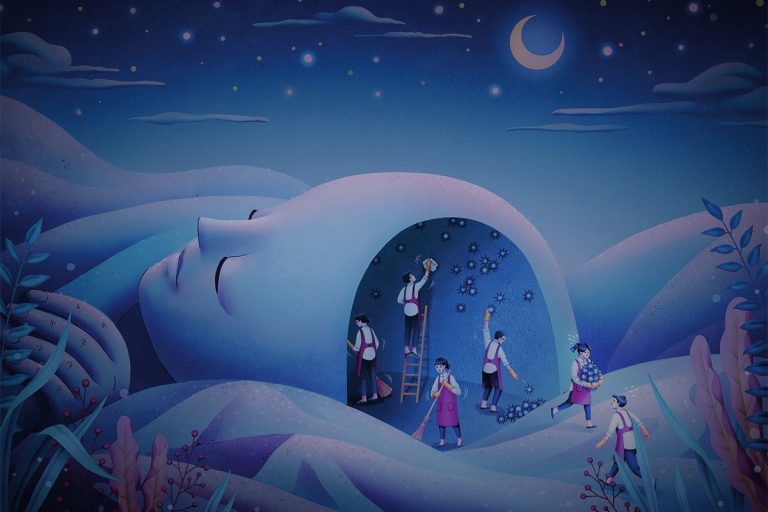 Surreal illustration of caretakers cleaning inside a sleeping person’s head, symbolising subconscious healing, dream work, and inner restoration during sleep.