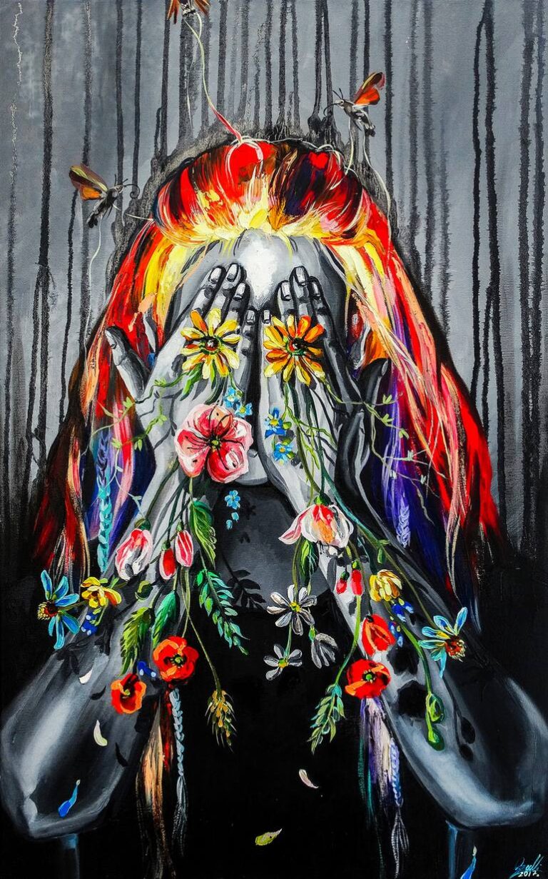 Surreal painting of a grayscale figure covering their eyes, with vibrant flowers growing from their hands and colourful butterflies in their hair against a dark, dripping background.
