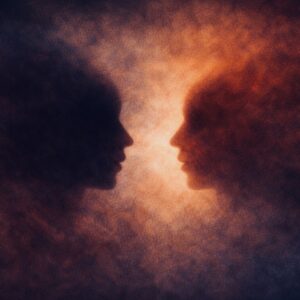 Two abstract, faceless profiles facing one another, emerging from dark and warm tones, symbolising relational encounter and embodied racialised experience.