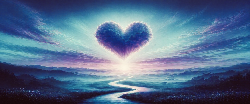 Heart-shaped cloud rising from the horizon over a blue and turquoise landscape, symbolising emotional healing and embodied psychotherapy.
